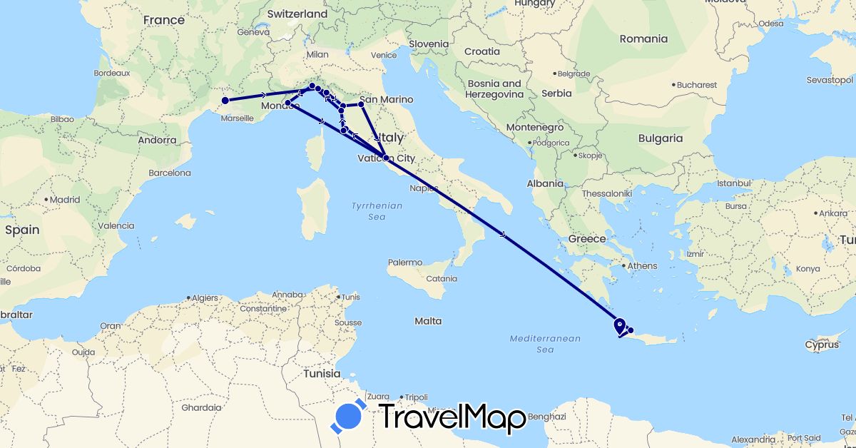 TravelMap itinerary: driving in France, Greece, Italy, Vatican City (Europe)